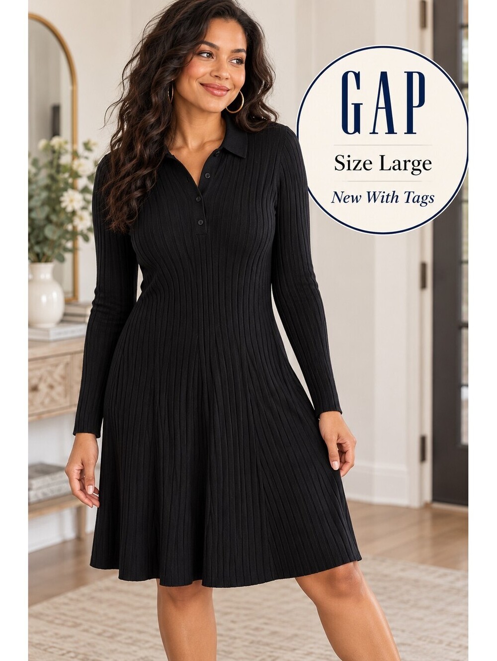 NWT Gap | L | Black Ribbed Polo Collar Sweater Dress
